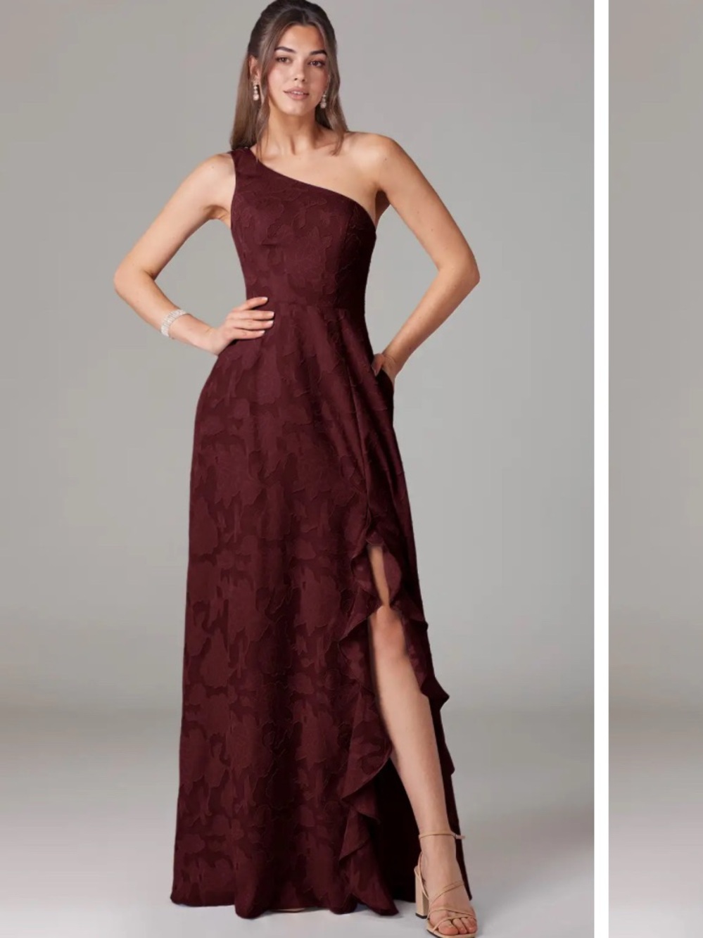Azazie Ellianna
Cabernet A-Line One Shoulder Floral Burnout Dress